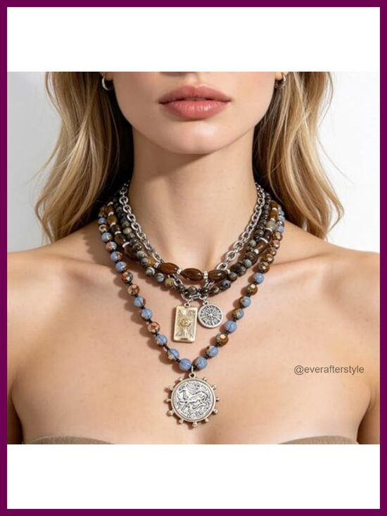 Jewelry - Bohemian Multi-Layer Beaded Coin Necklace, Vintage Gold-Plated Pendant Chain